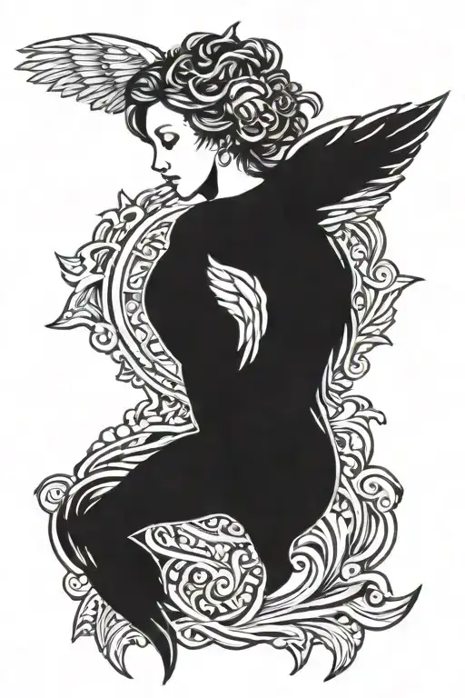 angel 6 wings spread wings with head center tattoo design idea