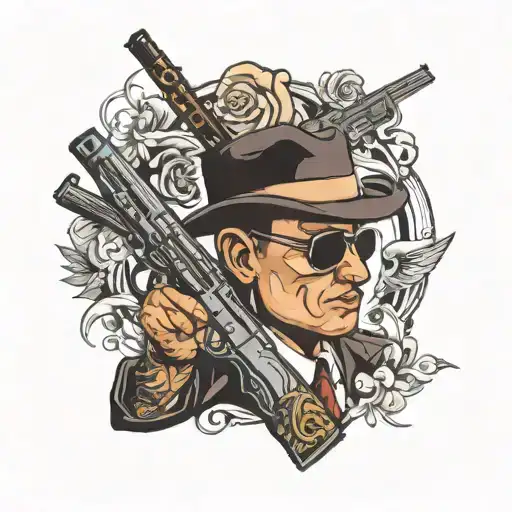 Gangster holding gun surrounded tattoo design idea