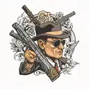 Gangster holding gun surrounded tattoo design idea