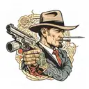 Gangster holding gun surrounded tattoo design idea