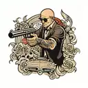 Gangster holding gun surrounded tattoo design idea