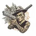 Gangster holding gun surrounded tattoo design idea