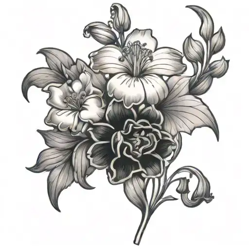 carnation, snowdrop, violets, and primrose flower intertwined tattoo design idea