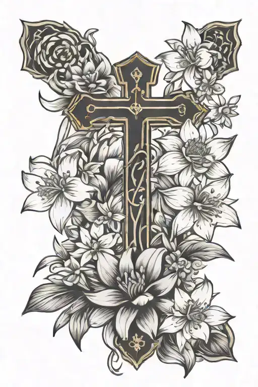cross surrounded by lakspur flower and sakura flower and daffodil flower and waterlilly tattoo design idea