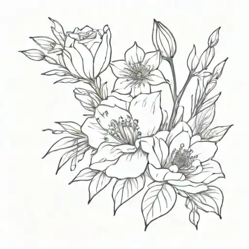 flower bouquet with a carnation, daffodil, lily, rose, cosmos and chrysanthemum with a small bow  tattoo design idea