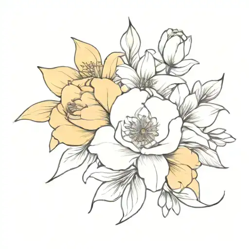 flower bouquet with a carnation, daffodil, lily, rose, cosmos and chrysanthemum with a small bow  tattoo design idea