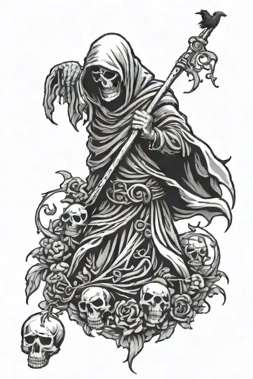 grim reaper with skull holding a crow in right hand tattoo design idea