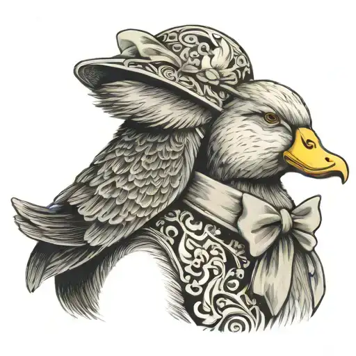 duck and rabbit, from the back, black and grey, rabbit's head is leaning on the shoulder of the duck tattoo design idea