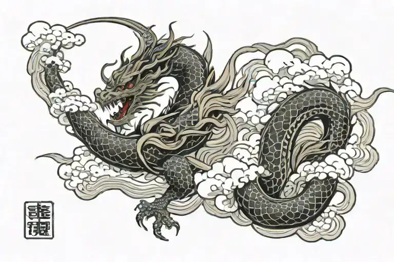 japanese dragon surrounded by clouds floating gracefully tattoo design idea