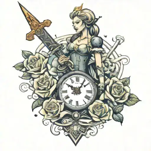 lady excalibur sword clock rose intertwined tattoo design idea