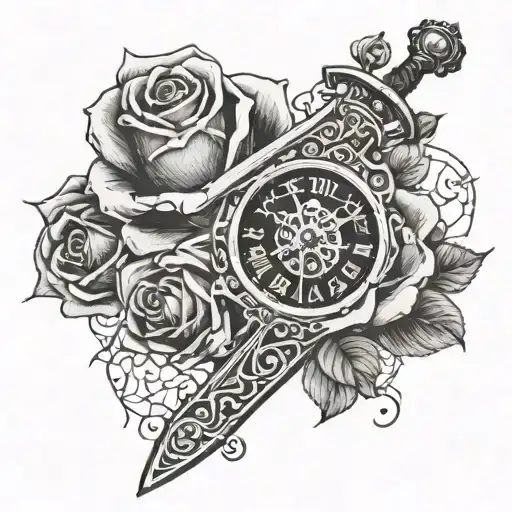 lady law excalibur sword clock rose intertwined tattoo design idea