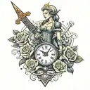 lady excalibur sword clock rose intertwined tattoo design idea