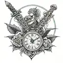 lady excalibur sword clock rose intertwined tattoo design idea