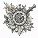 lady excalibur sword clock rose intertwined tattoo design idea