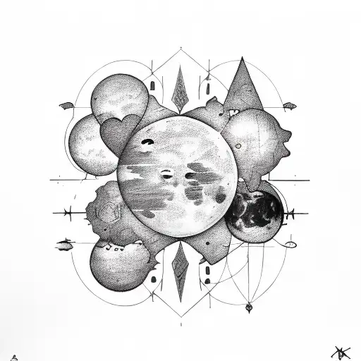 A broken heart mended with the number 9, surrounded by moon phases tattoo design idea