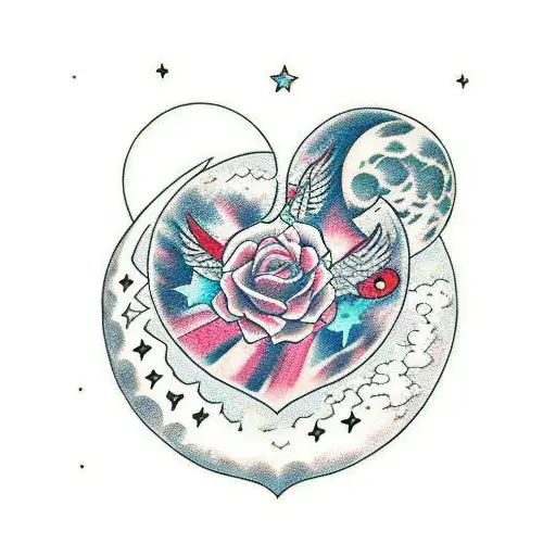A broken heart mended with the number 9, surrounded by moon phases tattoo design idea