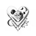 A broken heart mended with the number 9, surrounded by moon phases tattoo design idea