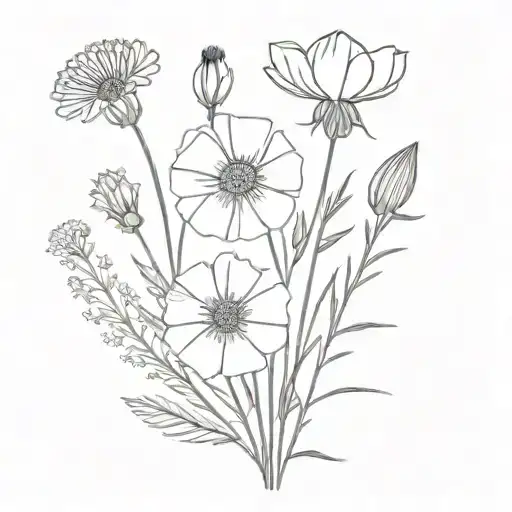 a bouquet with 5 different types of flowers: Marigold, Cornflower, Sensitive, thistle, and Freesia. tattoo design idea