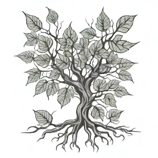 A catalpa tree, full of leaves, with roots protruding from the base that turn into lightning.  tattoo design idea