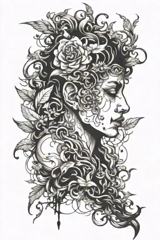 between self-exposure and concealmet; eros as the main object of greed; lack, impulse of unification, devastation. tattoo design idea