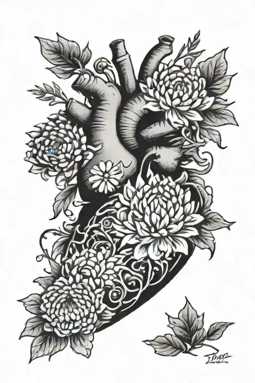 heart and chrysanthemum flower tattoo design idea