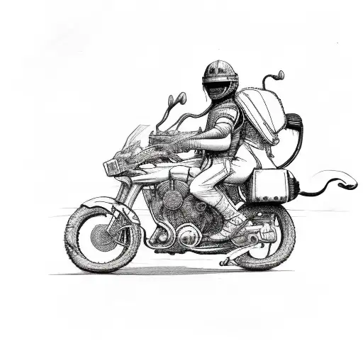 An adventurer on a motorcycle, with a tiger riding pillion and a cricket bat strapped to the back tattoo design idea
