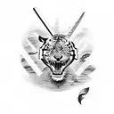 An adventurer on a motorcycle, with a tiger riding pillion and a cricket bat strapped to the back tattoo design idea