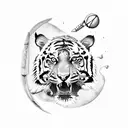 An adventurer on a motorcycle, with a tiger riding pillion and a cricket bat strapped to the back tattoo design idea