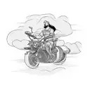 An adventurer on a motorcycle, with a tiger riding pillion and a cricket bat strapped to the back tattoo design idea