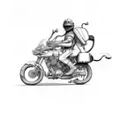 An adventurer on a motorcycle, with a tiger riding pillion and a cricket bat strapped to the back tattoo design idea
