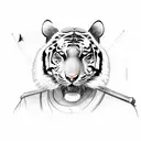 An adventurer on a motorcycle, with a tiger riding pillion and a cricket bat strapped to the back tattoo design idea