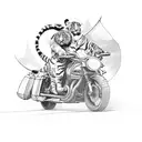 An adventurer on a motorcycle, with a tiger riding pillion and a cricket bat strapped to the back tattoo design idea