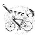 A cricket bat and ball intertwined with a winding bike chain, symbolizing the client's love for both sports tattoo design idea