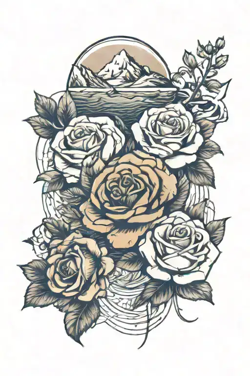 abstract ocean, mountain, and desert landscapes with roses intertwined tattoo design idea