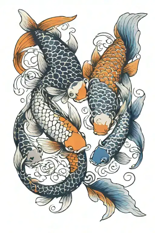 there are two koi fish intertwined in the shape of Yin and Yang. One fish is blue, The other fish is orange tattoo design idea