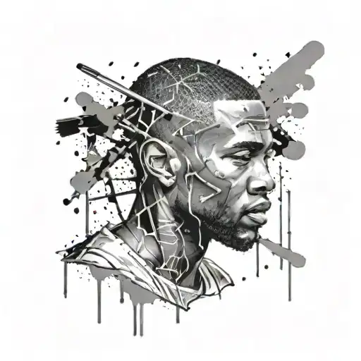 A portrait of Frank Ocean with open books and paint splatters surrounding him, representing the client's admiration for the musician and their hobbies tattoo design idea
