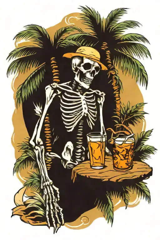 Palm Tree and Skeleton Drinking tattoo design idea