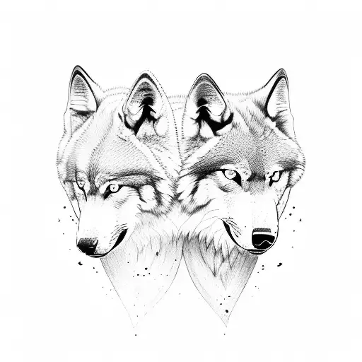 Ying and Yang with two wolf heads one black one white. the black one is angry and the white one calm tattoo design idea