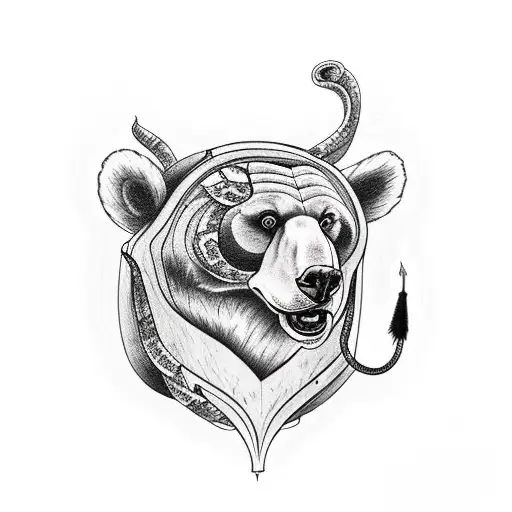 lady with a bear head in the wood with snake tattoo design idea