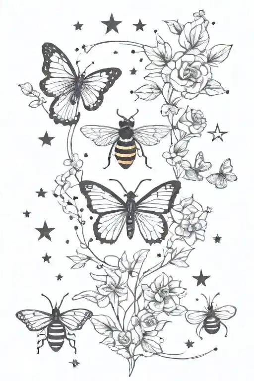 spine tattoo with stars, bees, a butterfly and a crown of some sort tattoo design idea