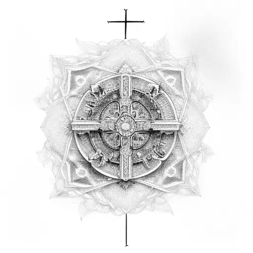 A delicate cross made up of intricate architectural lines and an imperfect circle in the background tattoo design idea