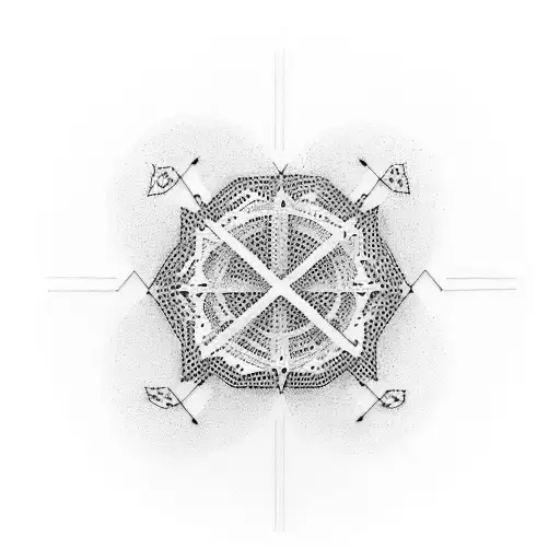 A dotwork tattoo showcasing a cross formed by precise architectural lines, with an imperfect circle surrounding it as a symbol of the architect's patient and gentle nature tattoo design idea