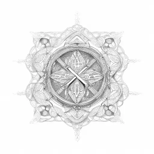 A delicate cross made up of intricate architectural lines and an imperfect circle in the background tattoo design idea
