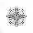 A delicate cross made up of intricate architectural lines and an imperfect circle in the background tattoo design idea