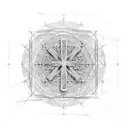 A delicate cross made up of intricate architectural lines and an imperfect circle in the background tattoo design idea