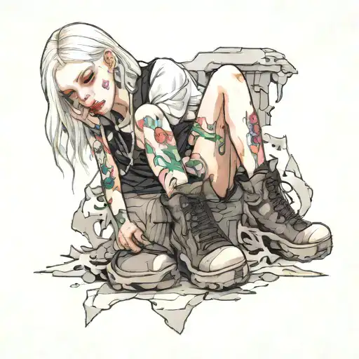 albino girl in ripped clothes and platform boots  tattoo design idea