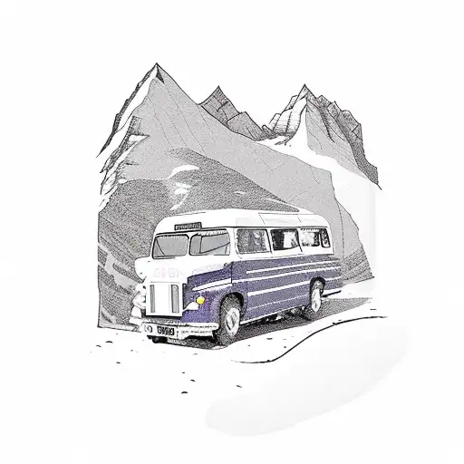 woman facing away wearing uk scout uniform and gore-tex shoes, looking up at a mountain. purple bus in shot tattoo design idea