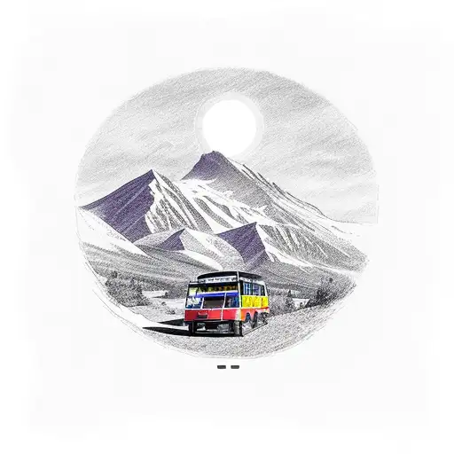 person from back wearing uk scout uniform and gore-tex shows looking at a mountain. purple bus in shot tattoo design idea