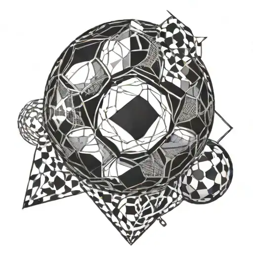 A detailed soccer ball surrounded by a geometric pattern representing the duality of Gemini, with fine line art details tattoo design idea