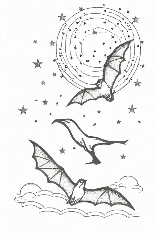 A dotwork tattoo of a bat and penguin flying together in a starry night sky tattoo design idea